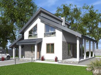 Одноэтажный дом с мансардой, кухней-гостиной, кабинетом и террасой